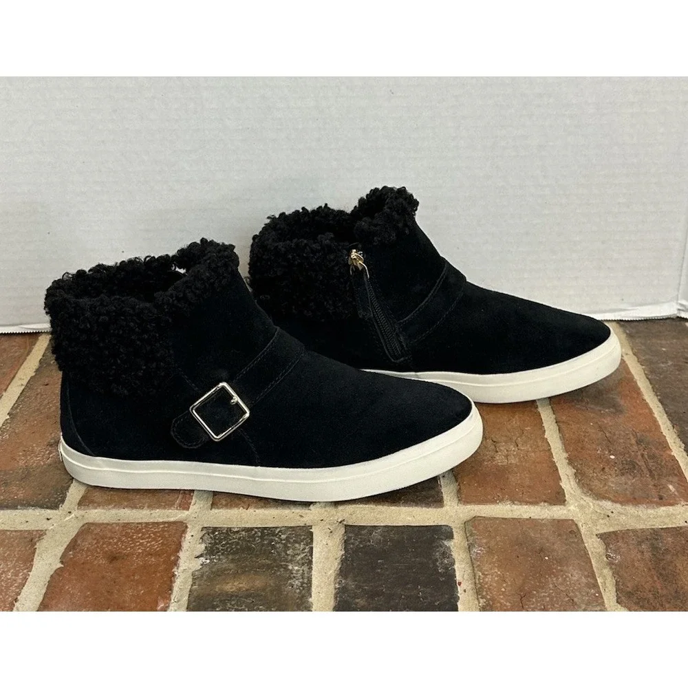 Cole Haan NANTUCKET Cozy Ankle Suede Boots H2O Black Faux-Shearling Trim Wm Sz 8